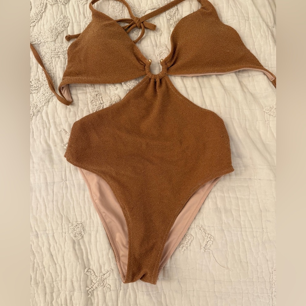Victoria's Secret Shimmery Nude and Gold cut out One Piece swimsuit